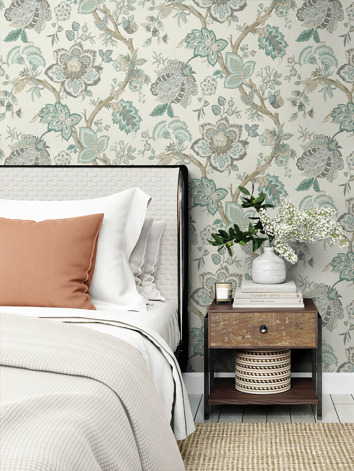 Seabrook French Country Bernadette Jacobean Wallpaper - Summer Sky & French Blue