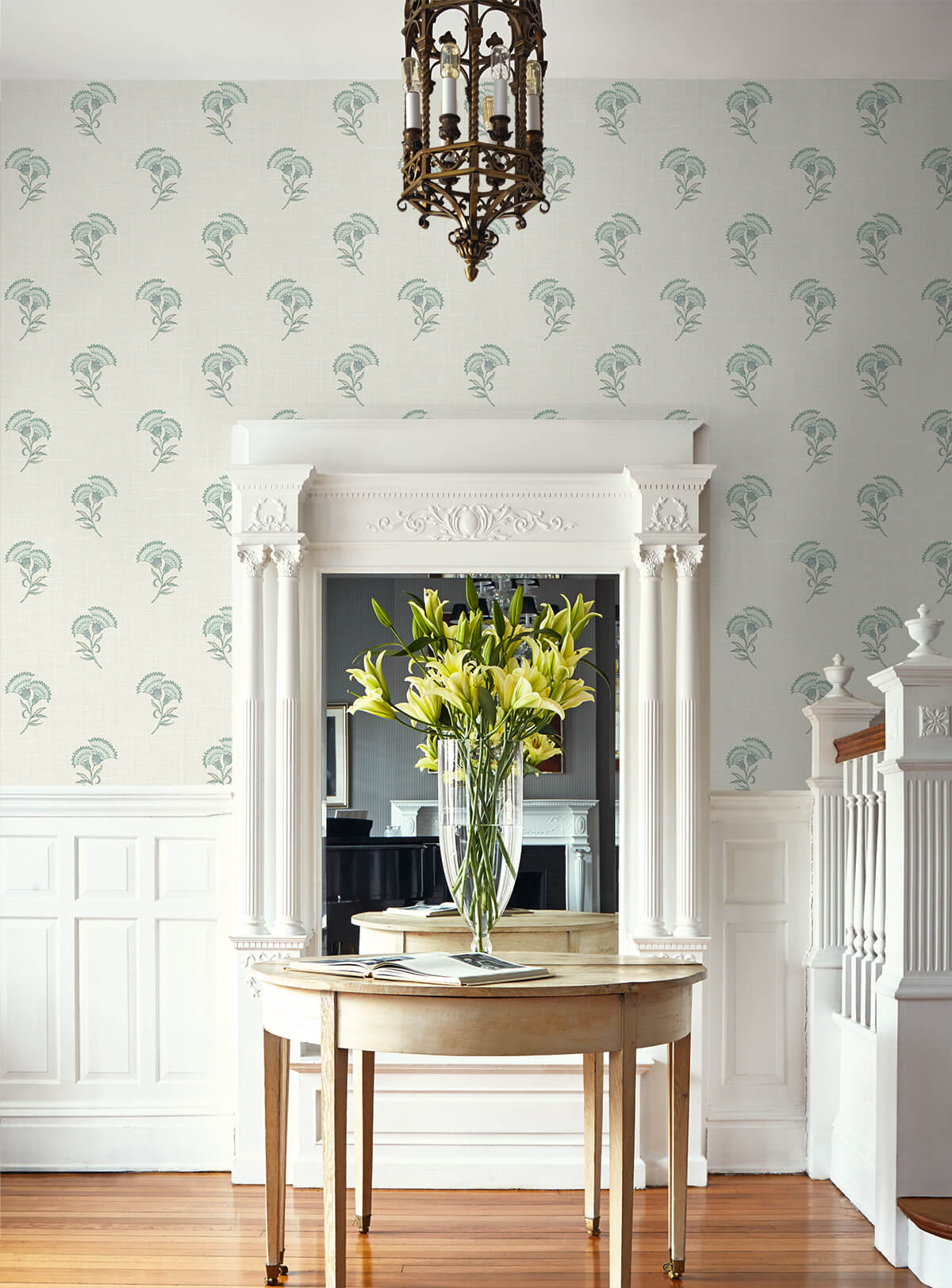 Seabrook French Country Lotus Branch Floral Wallpaper - Minty Meadow & French Grey