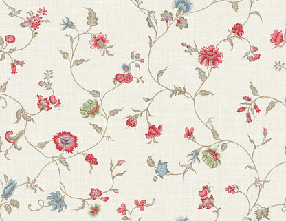 Seabrook French Country Florale Trail Wallpaper - Cranberry & Blue Bell