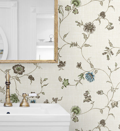 Seabrook French Country Florale Trail Wallpaper - Greige & Blue Bell