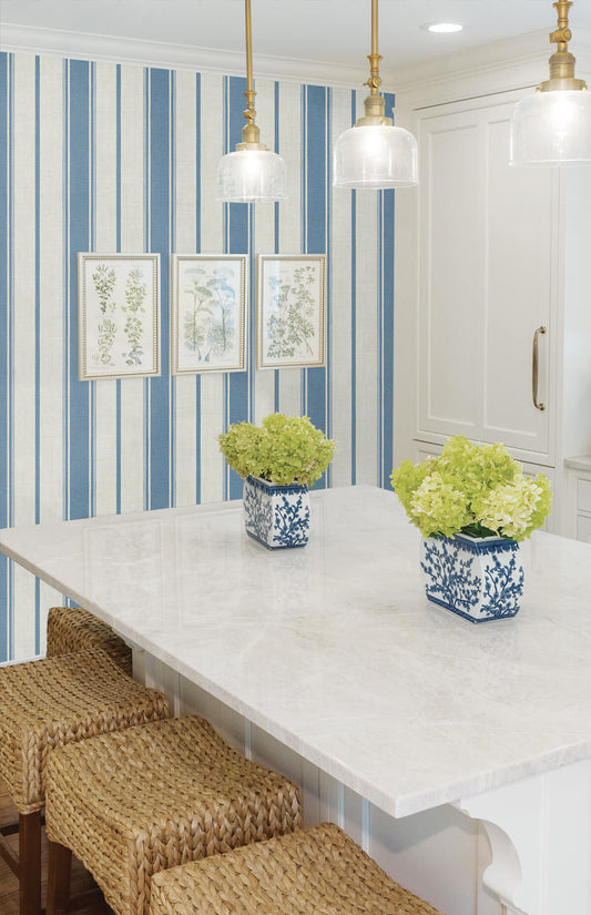 Seabrook French Country Eliott Linen Stripe Wallpaper - Blue Bell