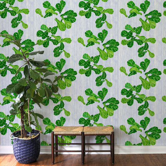 Fiddle Leaf Fig Wallpaper by Ferrick Mason in Green Mist Blue