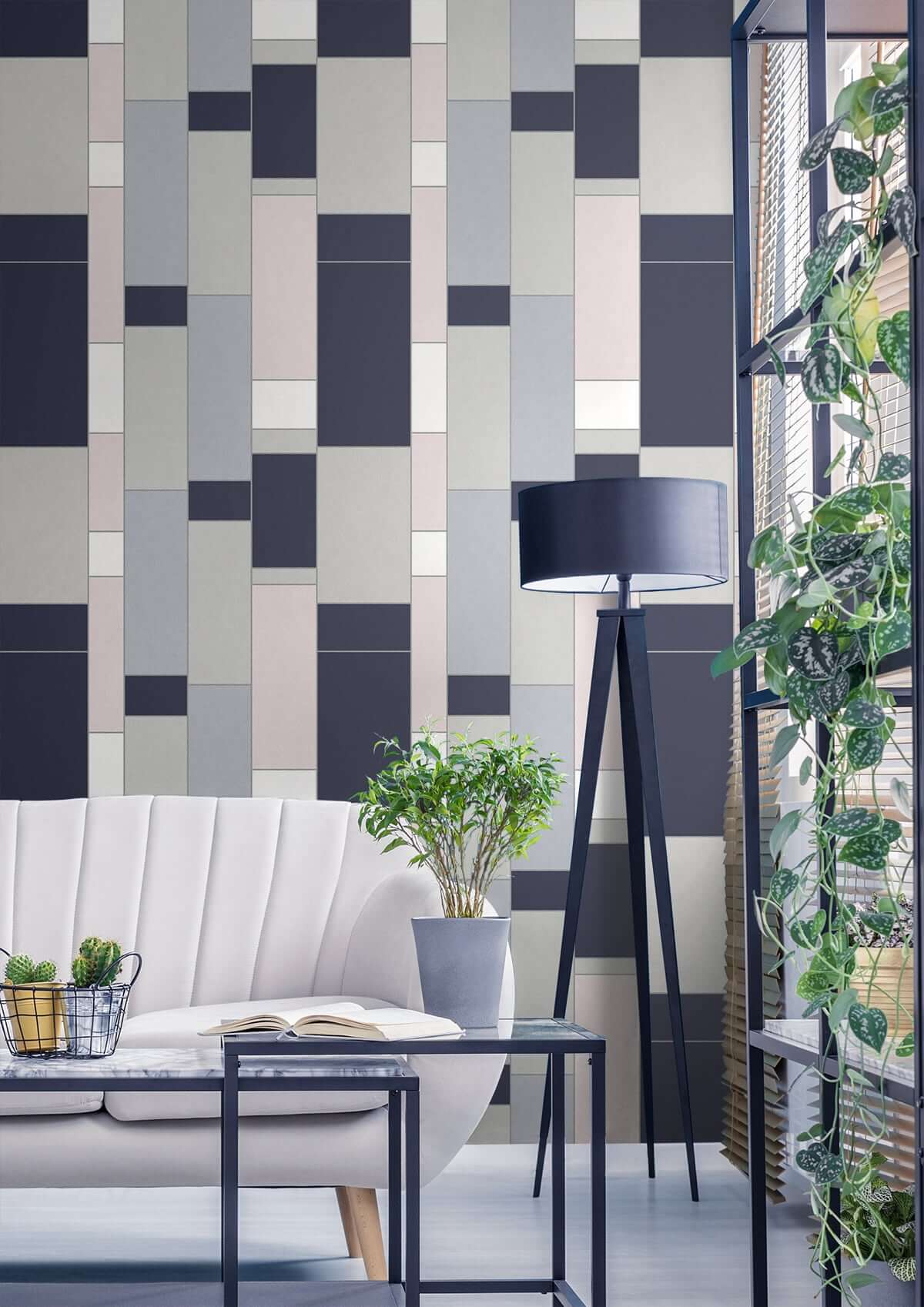 Seabrook Mondrian De Stijl Wallpaper - Indigo & Silver