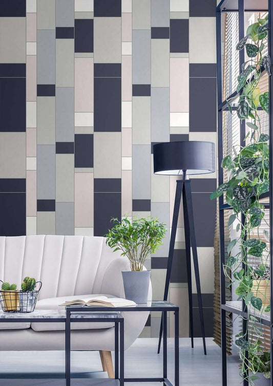 Seabrook Mondrian De Stijl Wallpaper - Indigo & Silver