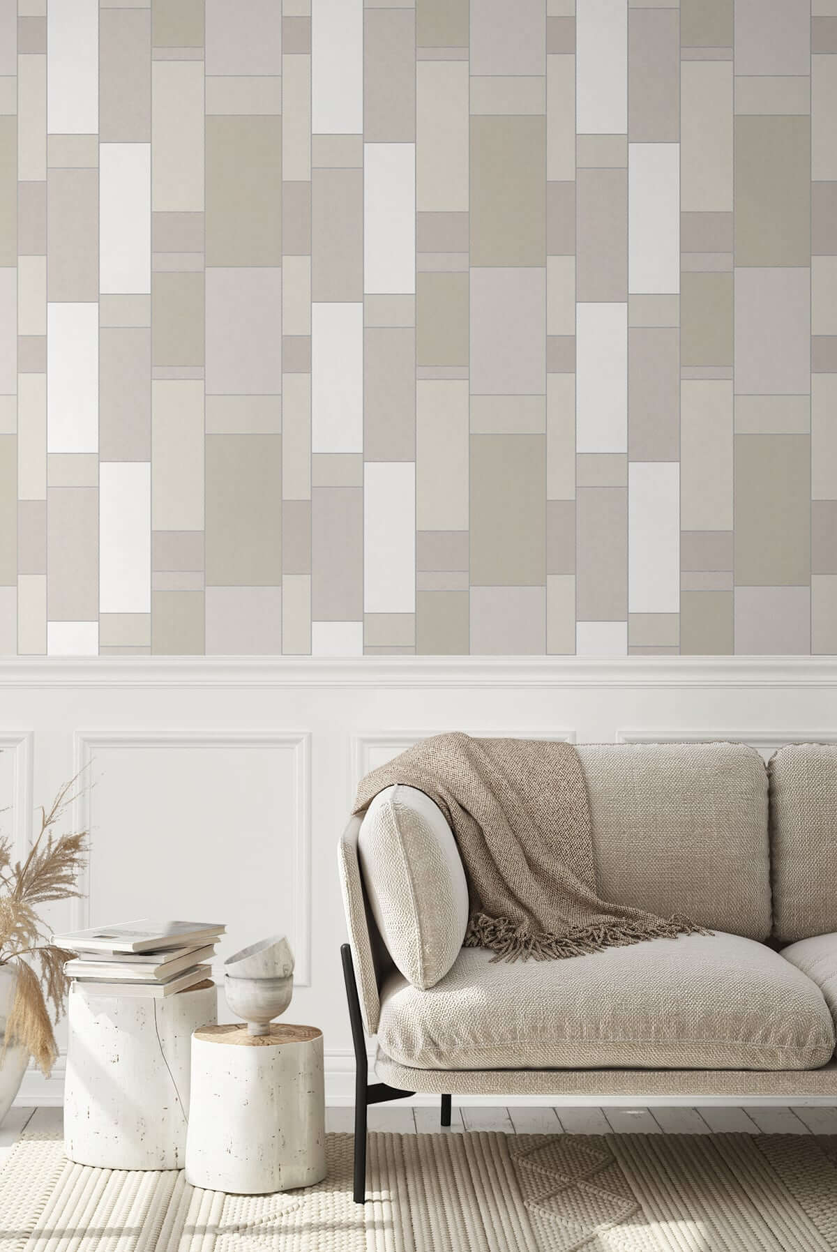 Seabrook Mondrian De Stijl Wallpaper - Soft Sage & Silver