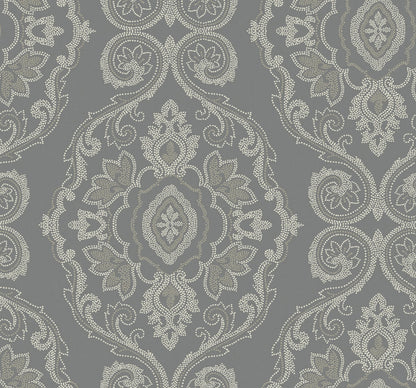 Seabrook Beach House Nautical Damask Wallpaper - Black Sands