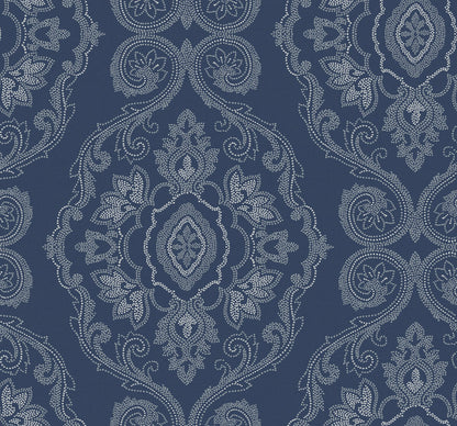 Seabrook Beach House Nautical Damask Wallpaper - Nautical Blue