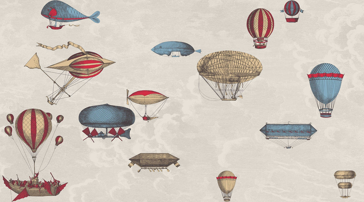 Macchine Volanti Mural by Cole & Son in Stone, Rouge & Blue (10020)
