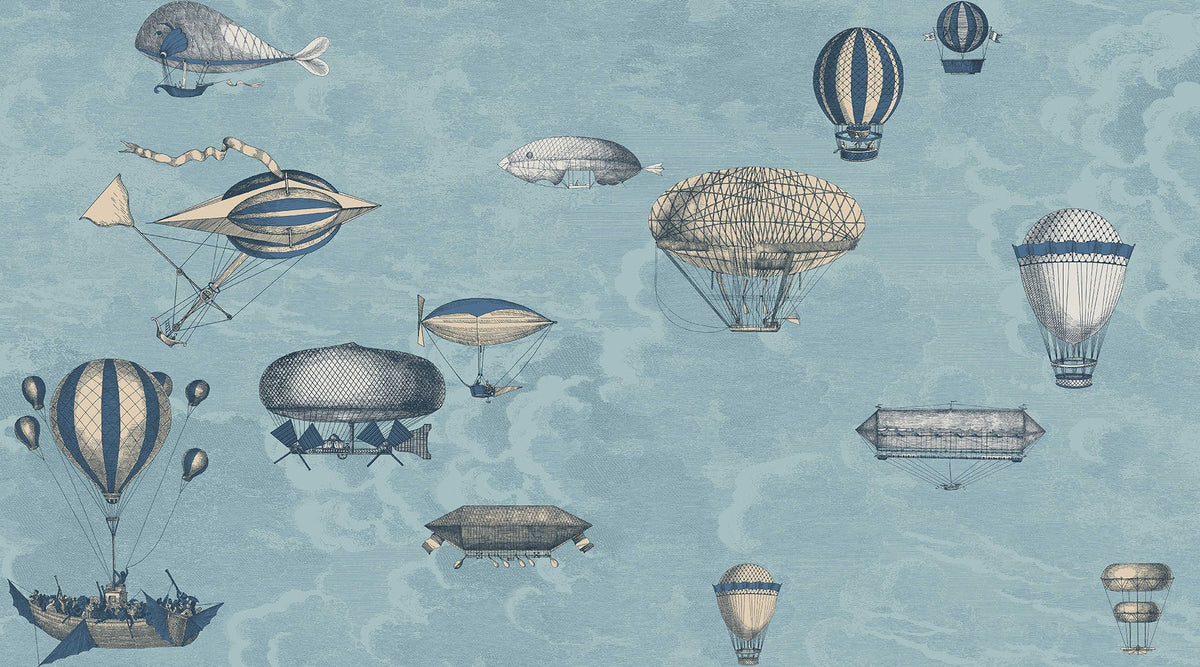 Macchine Volanti Mural by Cole & Son in Sky Blue & Metallic Gilver (10021)