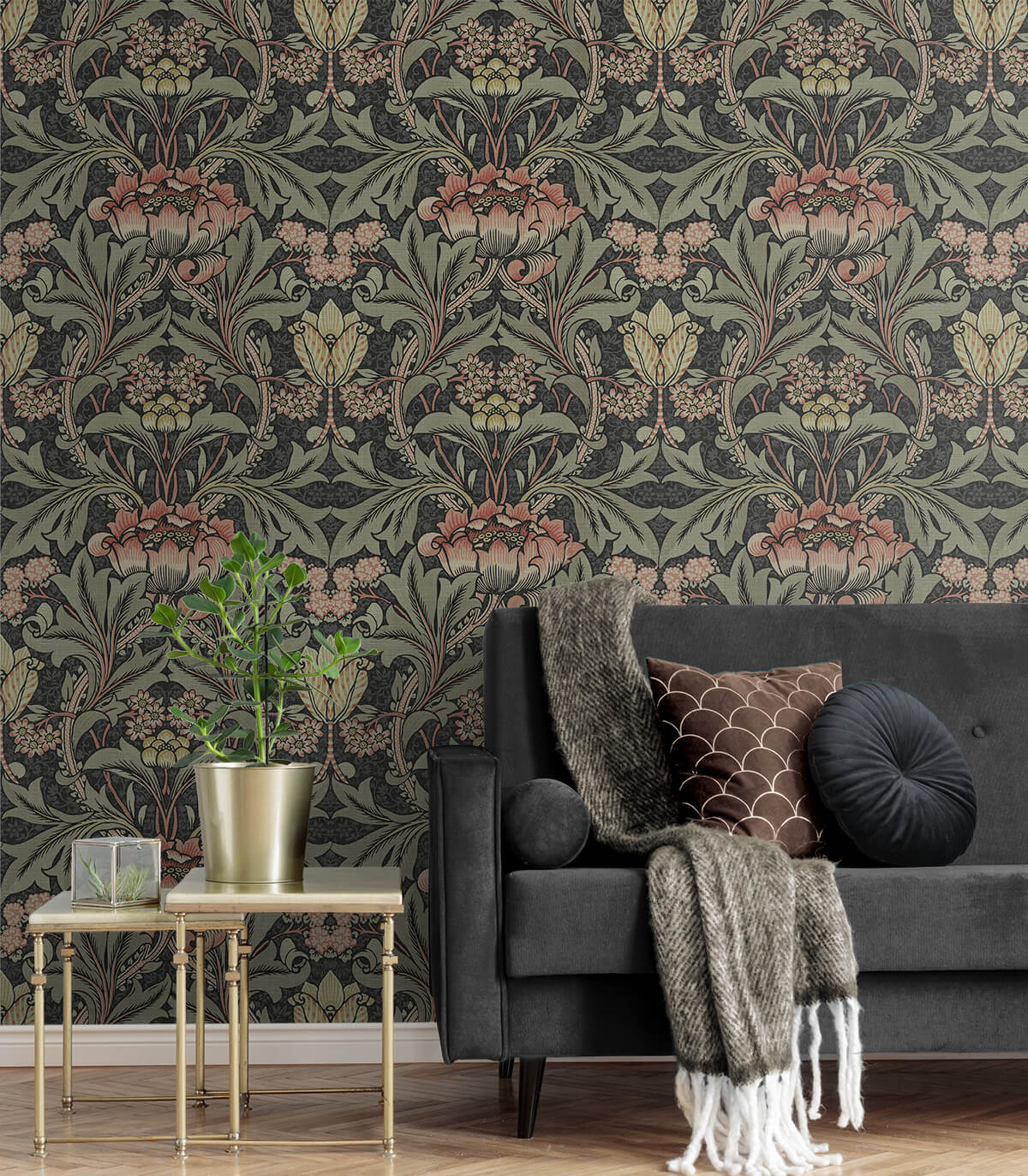 Seabrook Acanthus Floral Wallpaper - Charcoal & Rosewood