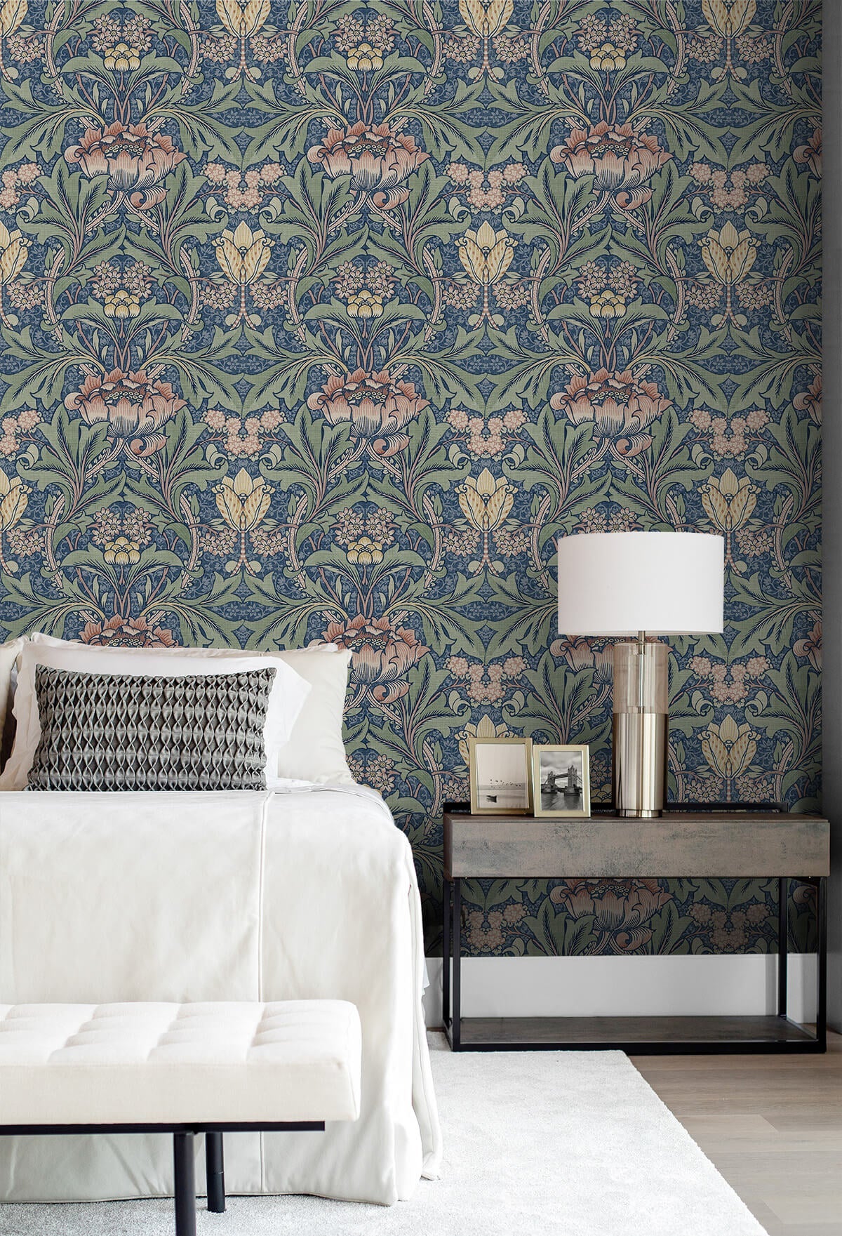 Seabrook Acanthus Floral Wallpaper - Denim Blue & Salmon
