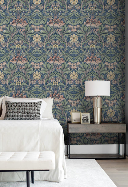 Seabrook Acanthus Floral Wallpaper - Denim Blue & Salmon