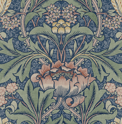 Seabrook Acanthus Floral Wallpaper - Denim Blue & Salmon