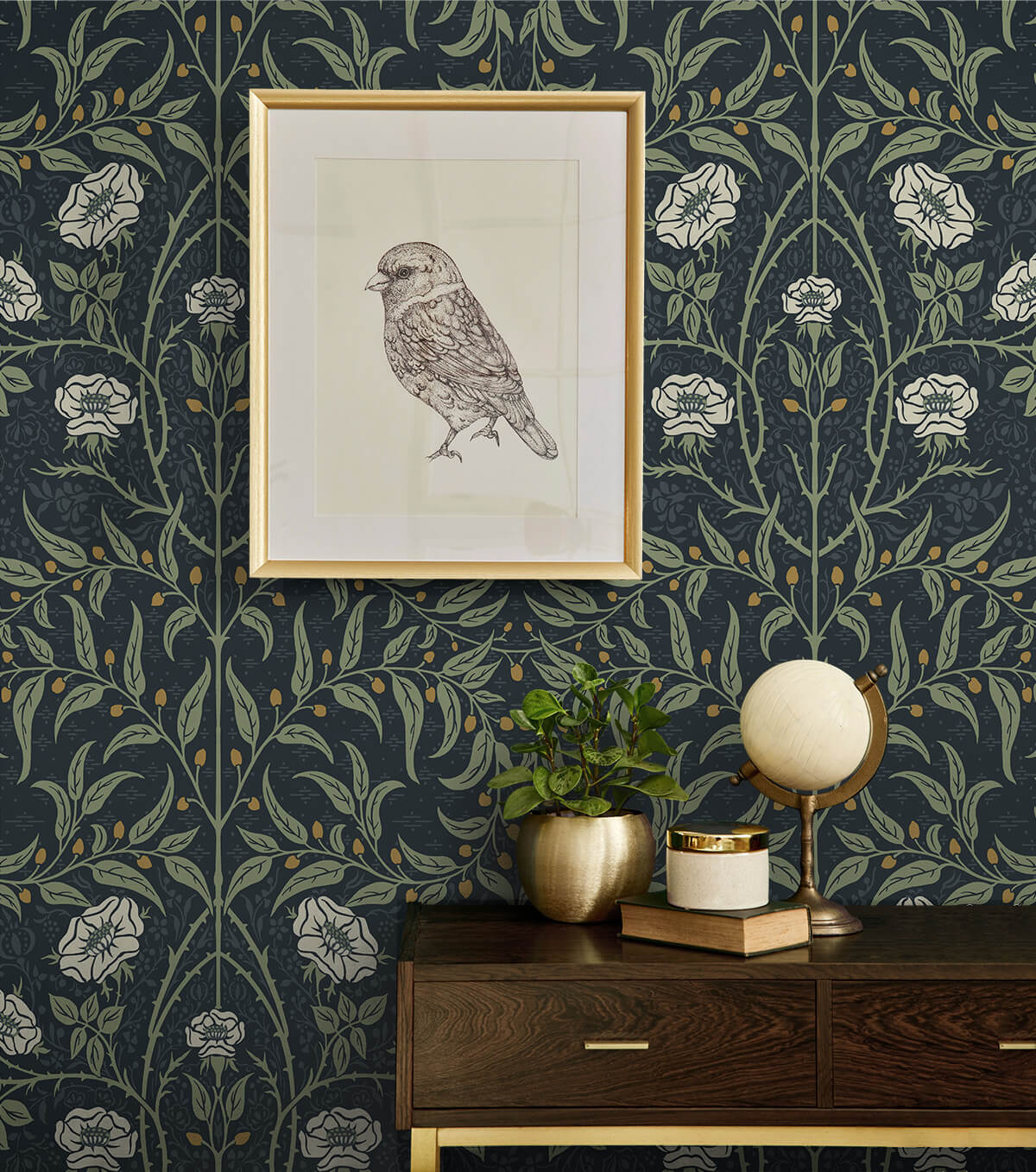 Seabrook Stenciled Floral Wallpaper - Navy Blue & Sage