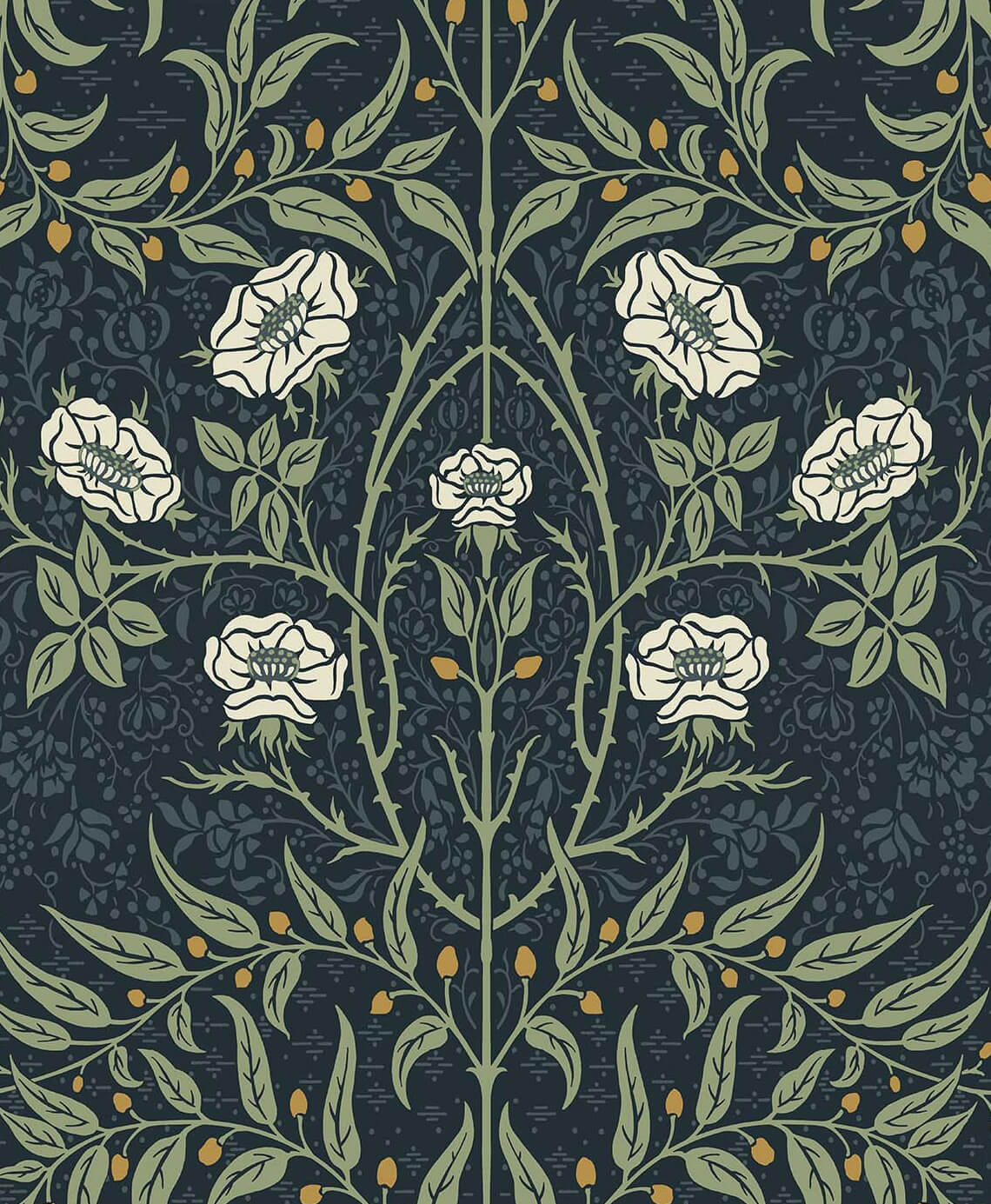 Seabrook Stenciled Floral Wallpaper - Navy Blue & Sage