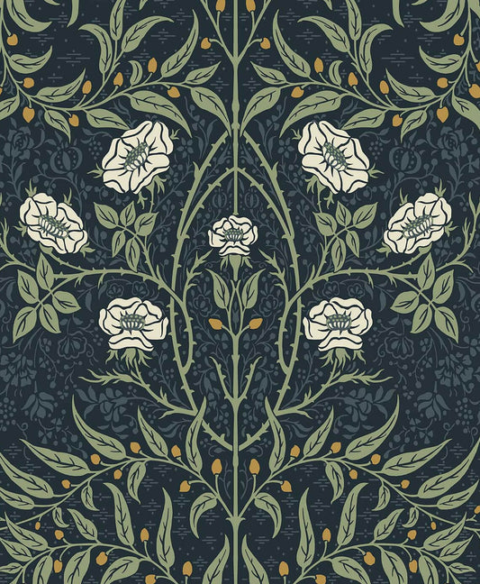Seabrook Stenciled Floral Wallpaper - Navy Blue & Sage