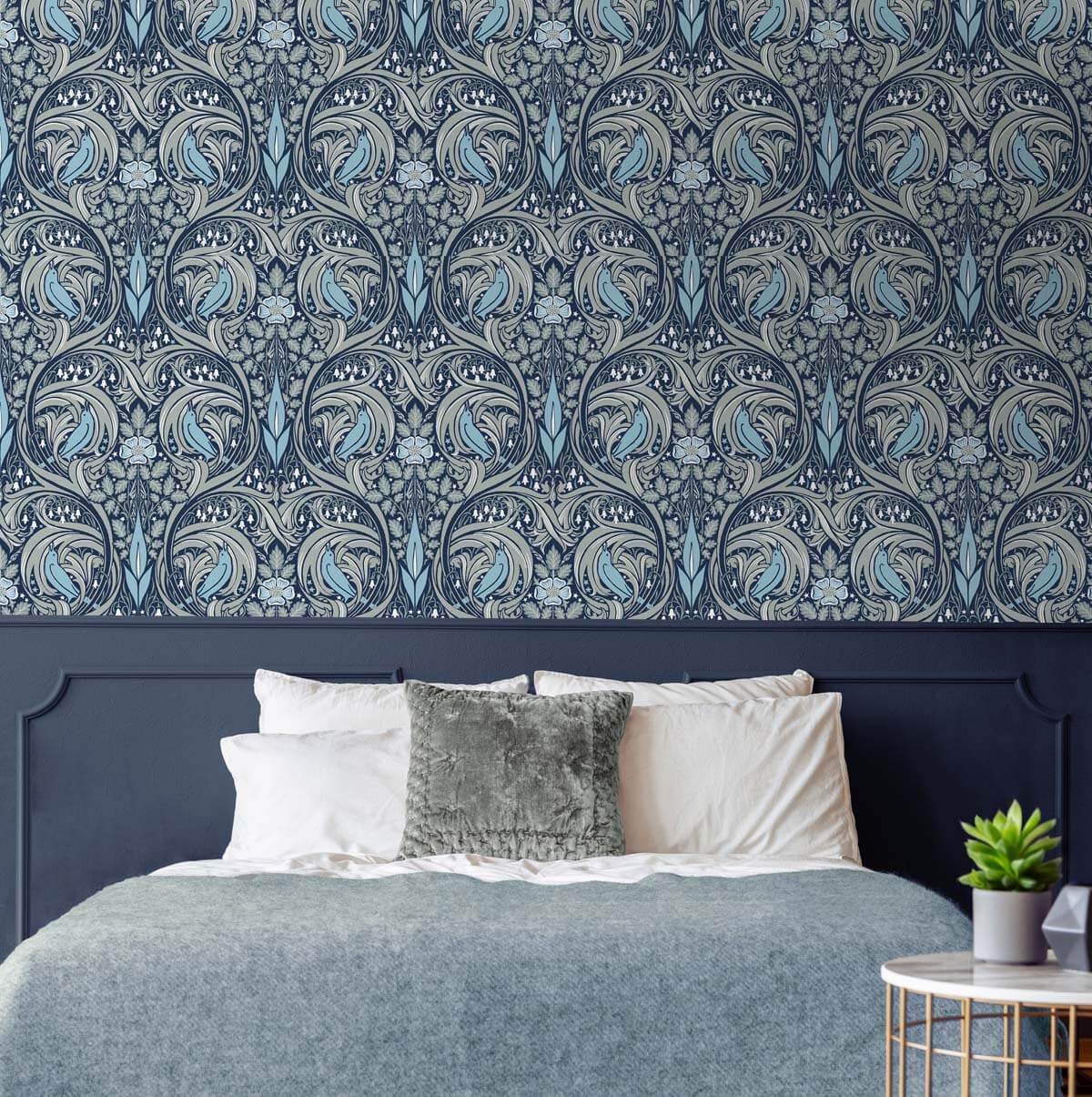 Seabrook Bird Ogee Wallpaper - Navy & Sky Blue
