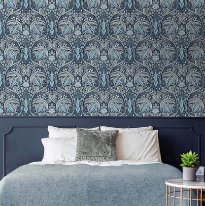 Seabrook Bird Ogee Wallpaper - Navy & Sky Blue