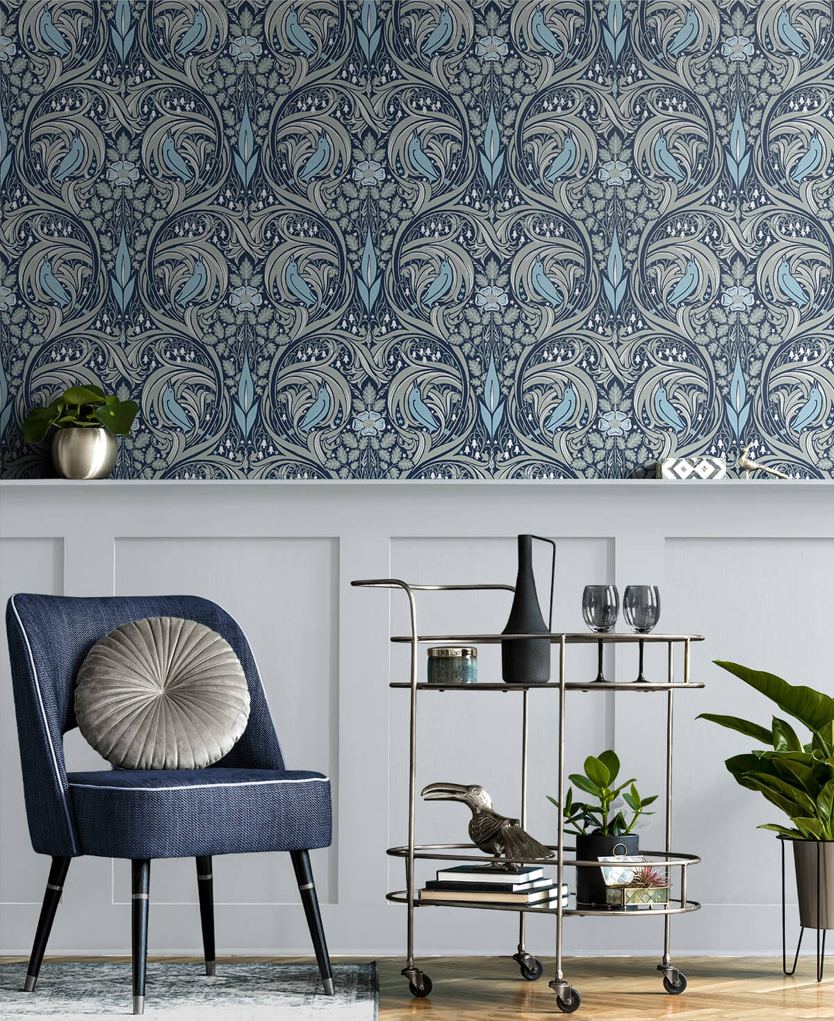 Seabrook Bird Ogee Wallpaper - Navy & Sky Blue