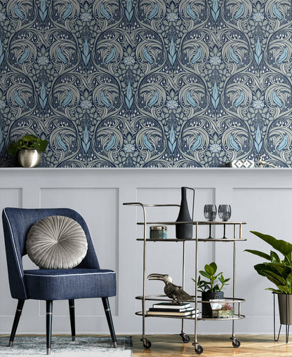 Seabrook Bird Ogee Wallpaper - Navy & Sky Blue