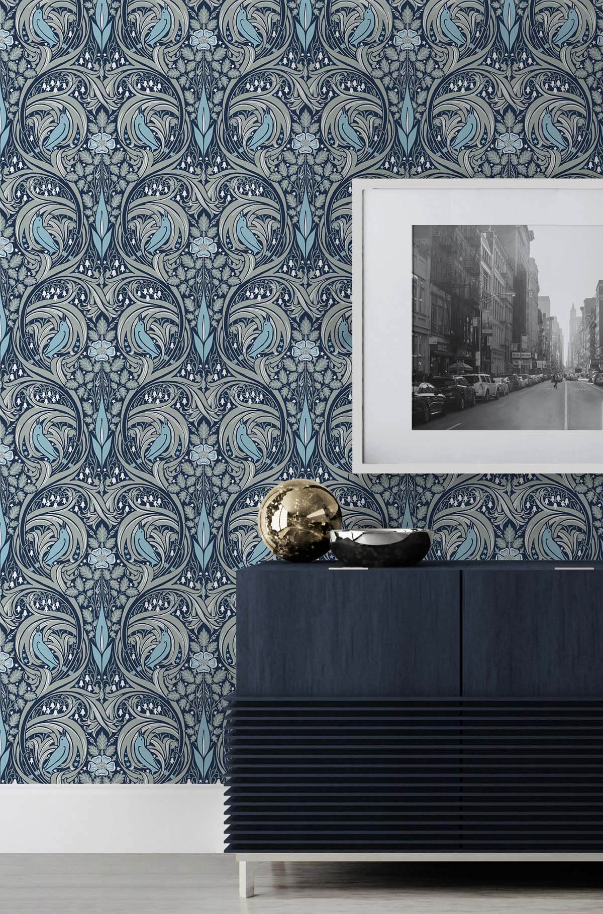 Seabrook Bird Ogee Wallpaper - Navy & Sky Blue