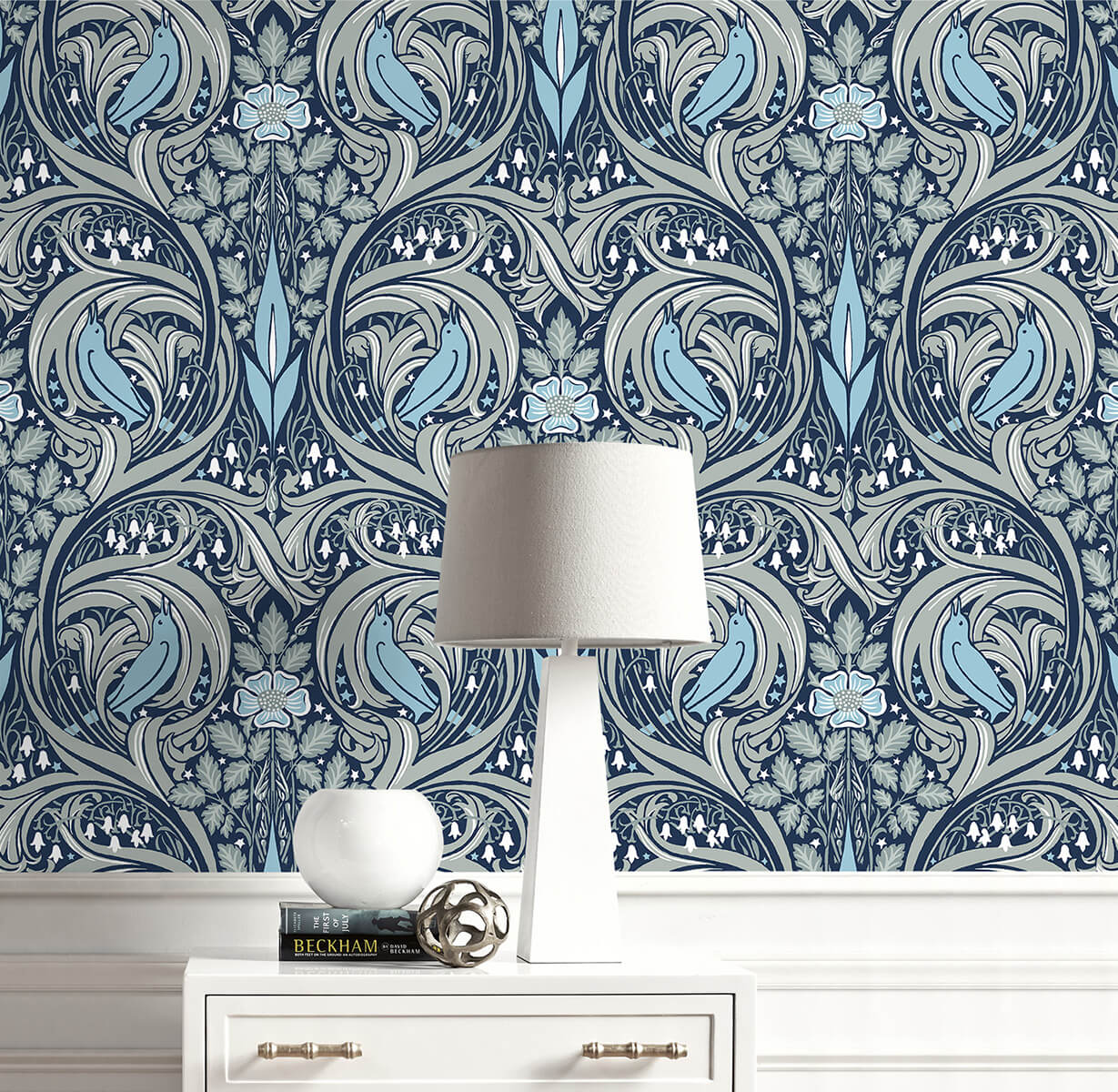 Seabrook Bird Ogee Wallpaper - Navy & Sky Blue
