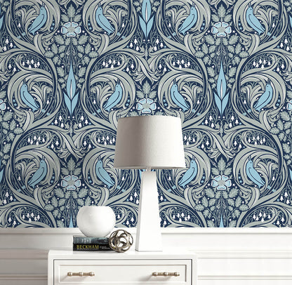 Seabrook Bird Ogee Wallpaper - Navy & Sky Blue