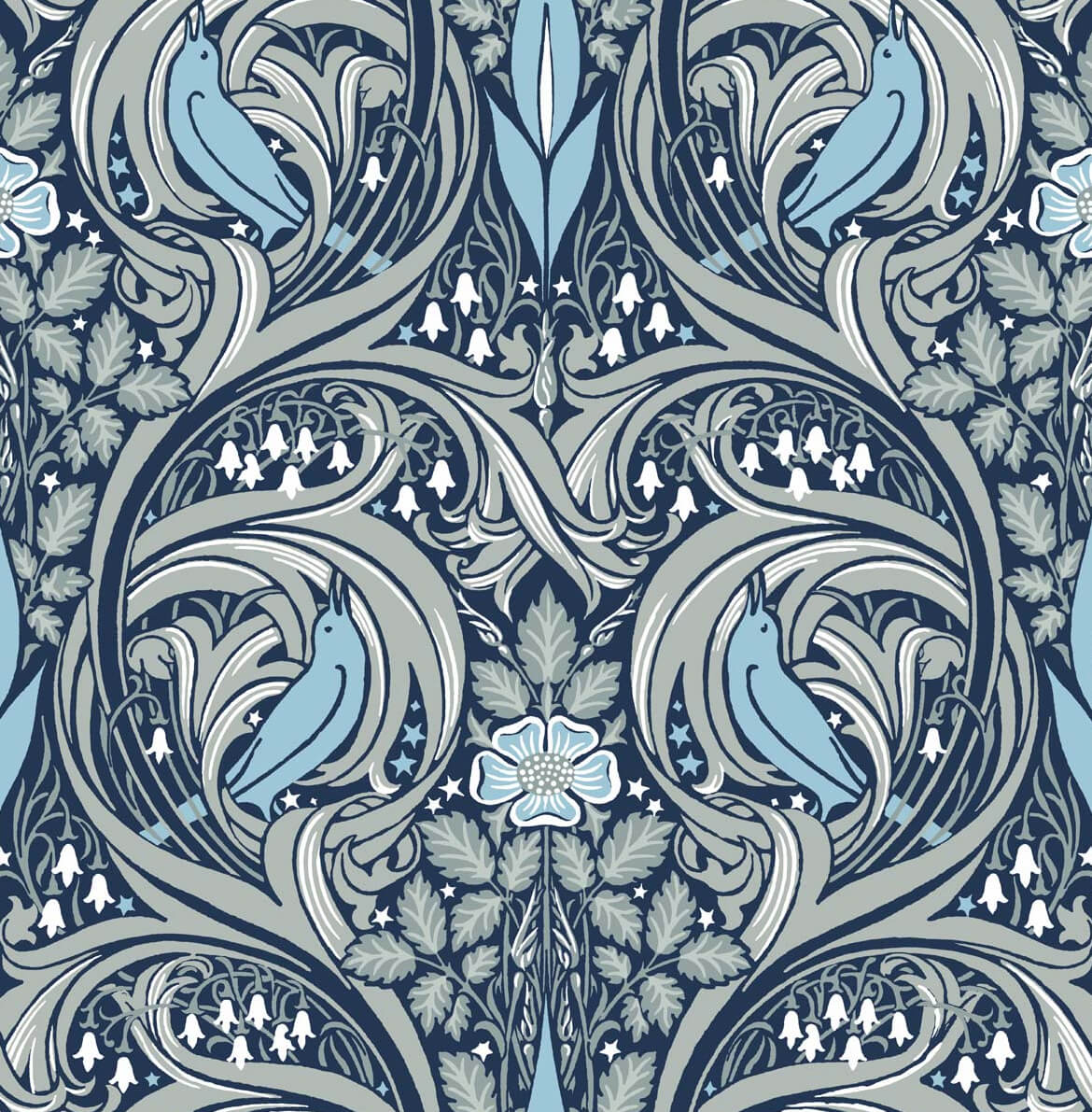 Seabrook Bird Ogee Wallpaper - Navy & Sky Blue