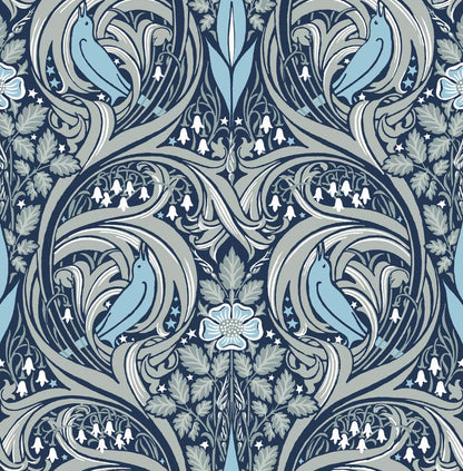 Seabrook Bird Ogee Wallpaper - Navy & Sky Blue