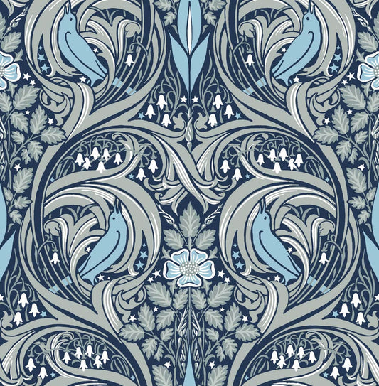 Seabrook Bird Ogee Wallpaper - Navy & Sky Blue