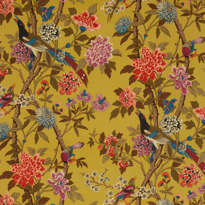 Hydrangea Bird Fabric by G P & J Baker in Mustard/Mauve