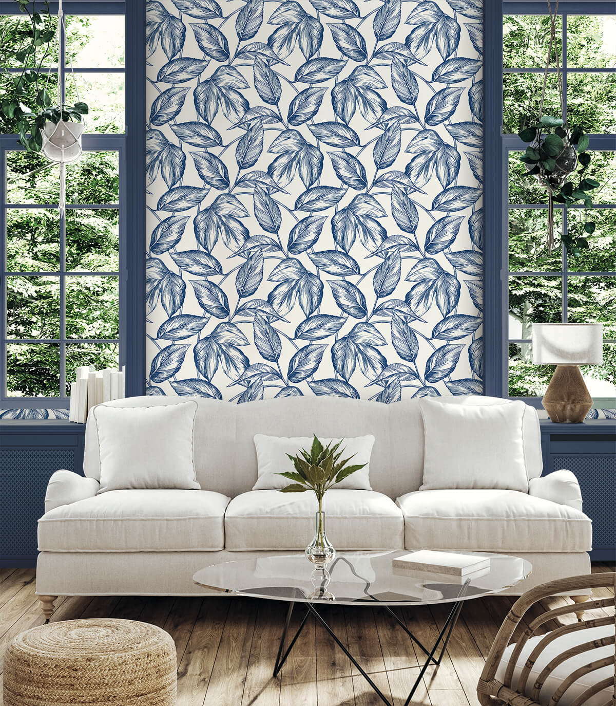 Seabrook Summer House Beckett Sketched Leaves Wallpaper - Blueberry Hill