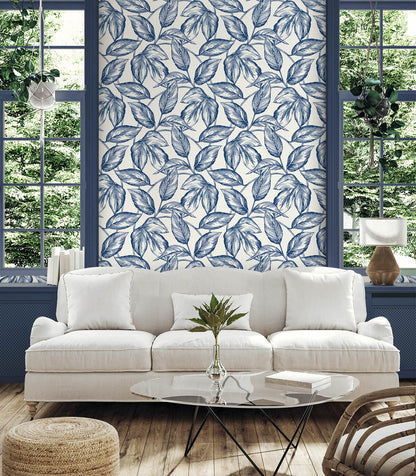 Seabrook Summer House Beckett Sketched Leaves Wallpaper - Blueberry Hill
