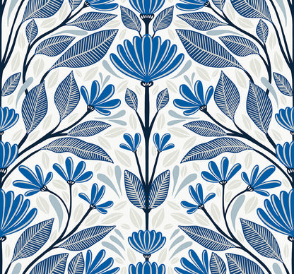 Seabrook Summer House Carmela Folk Floral Wallpaper - True Blue