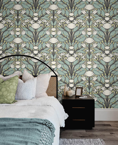 Seabrook Summer House Carmela Folk Floral Wallpaper - Spirit Grey