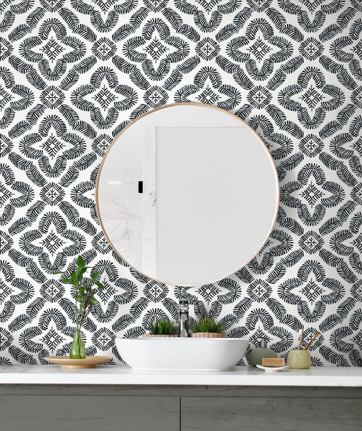 Seabrook Summer House Talia Botanical Medallion Wallpaper - Black & White