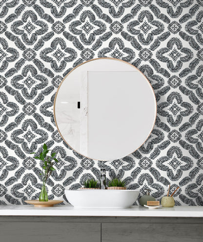 Seabrook Summer House Talia Botanical Medallion Wallpaper - Black & White