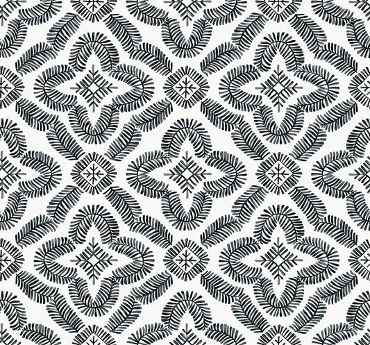Seabrook Summer House Talia Botanical Medallion Wallpaper - Black & White