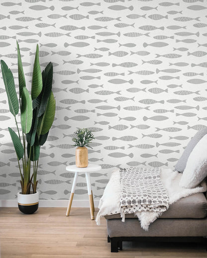 Seabrook Summer House Bay Fish Wallpaper - Silver Sea