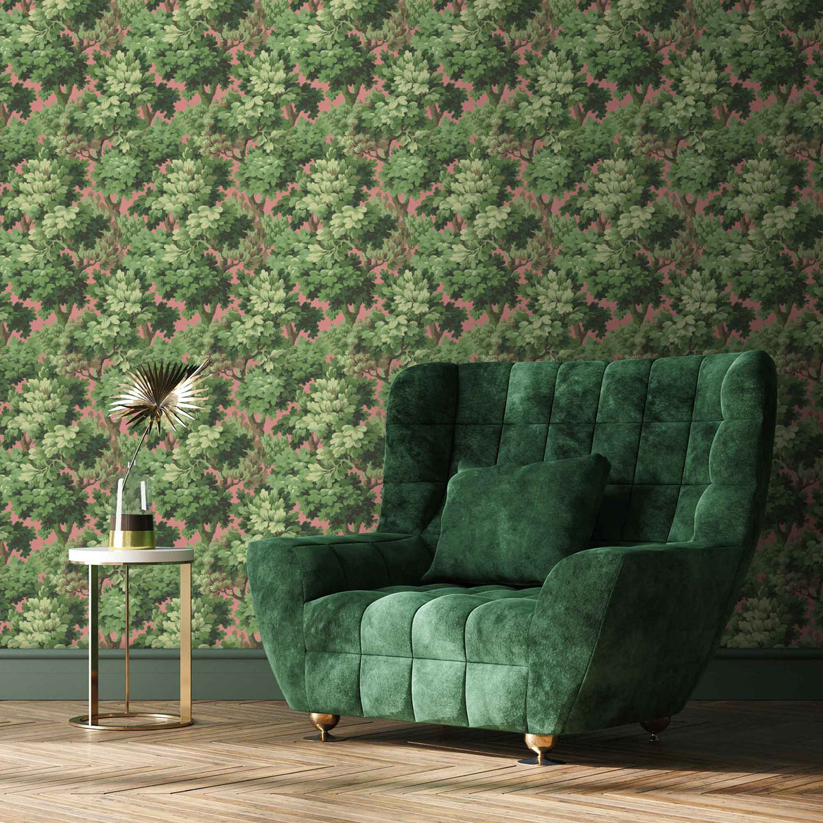 Broadhead Forest Grass Green/Salmon wallpaper by Woodchip & Magnolia