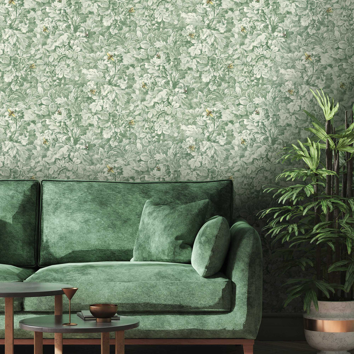 Busy Bee Moss Green wallpaper by Woodchip & Magnolia