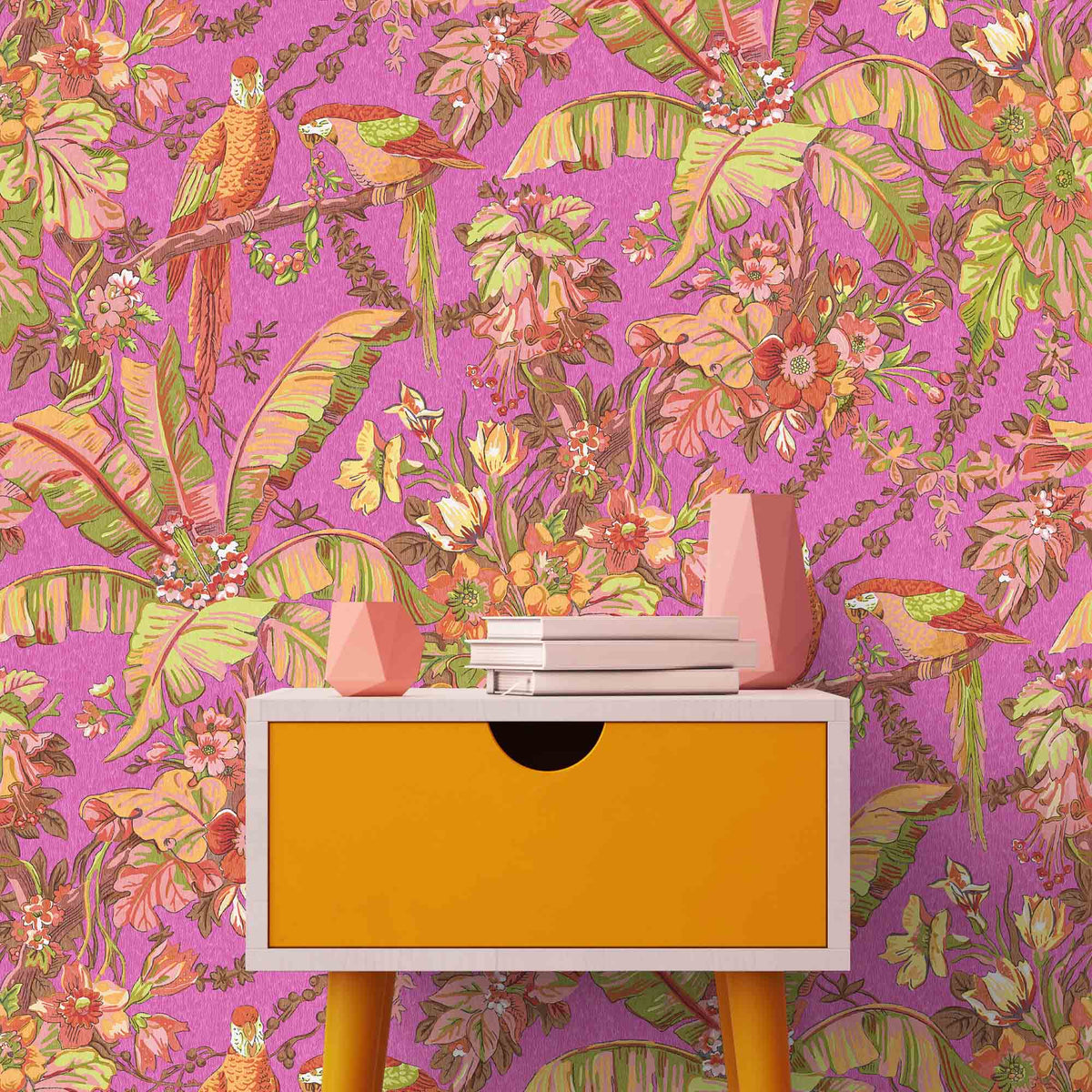 Parrot Talk Hot Pink wallpaper by Woodchip & Magnolia