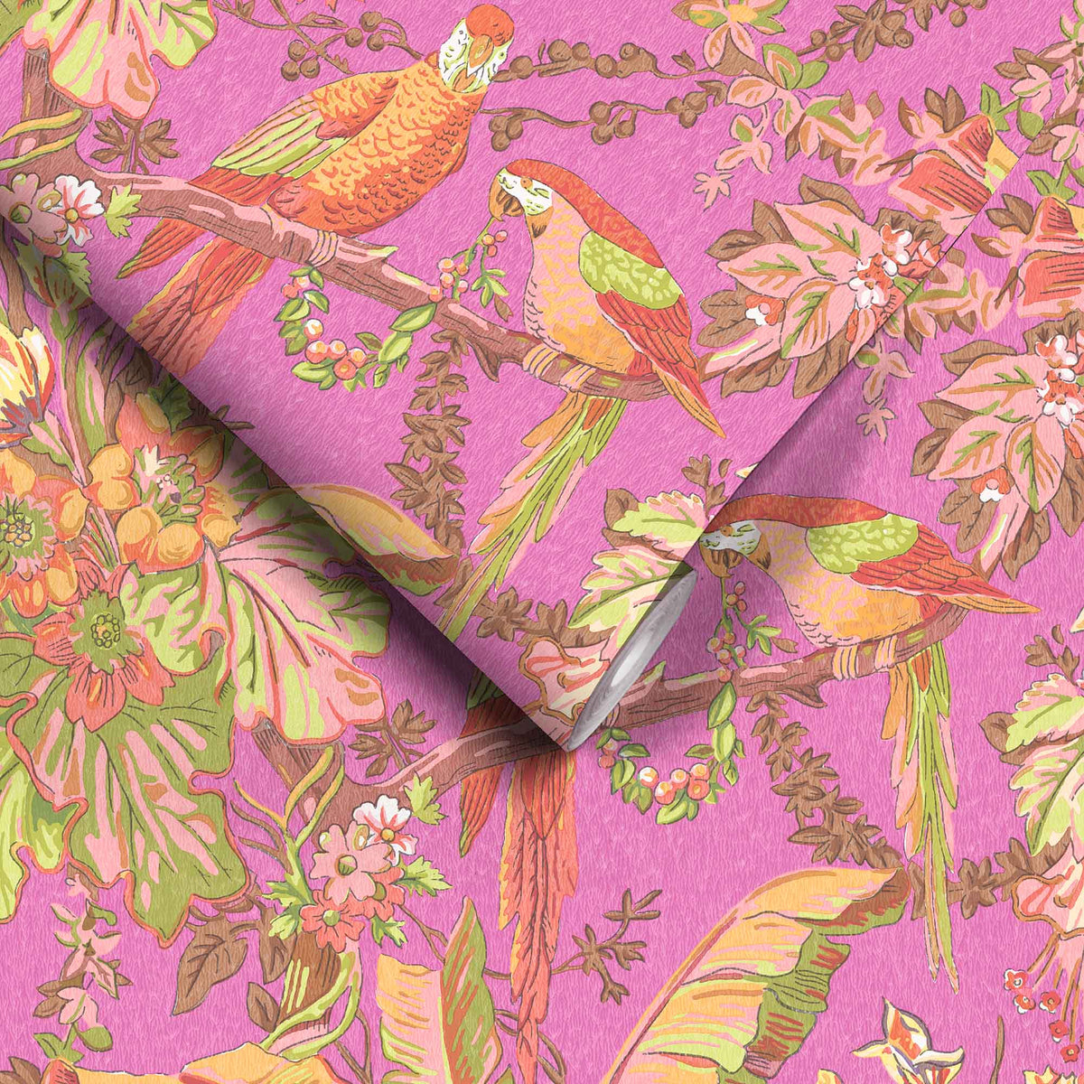 Parrot Talk Hot Pink wallpaper by Woodchip & Magnolia