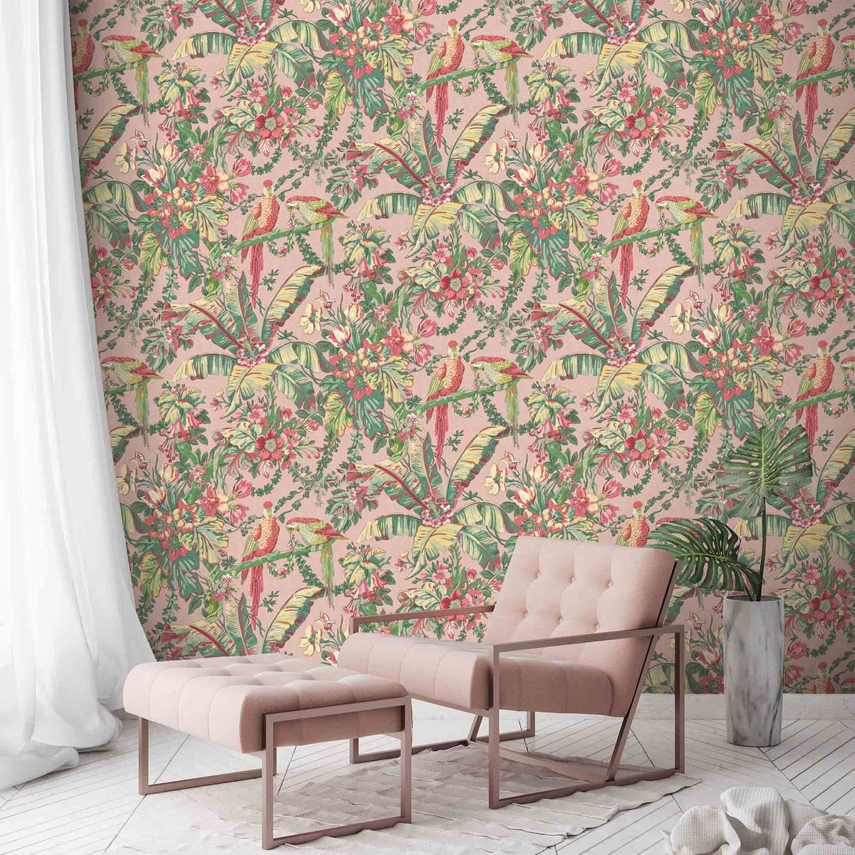 Parrot Talk Sunset Pink wallpaper by Woodchip & Magnolia