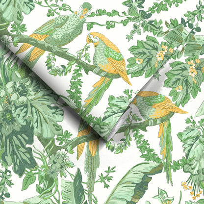 Parrot Talk Lush Green/White wallpaper by Woodchip & Magnolia