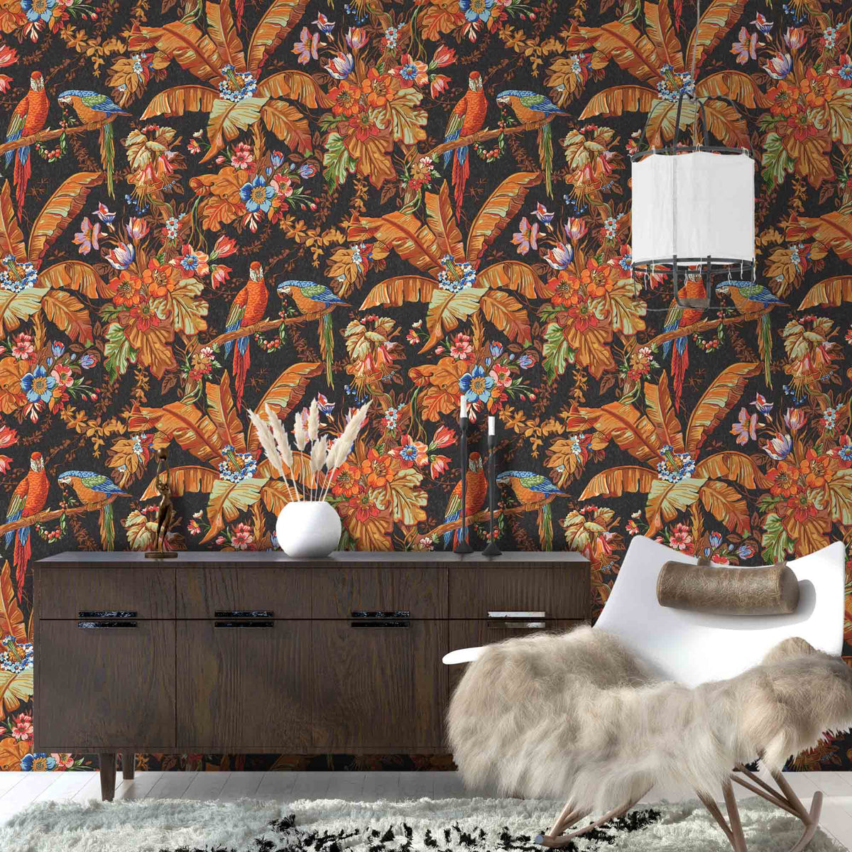 Parrot Talk Terracotta Sunset wallpaper by Woodchip & Magnolia