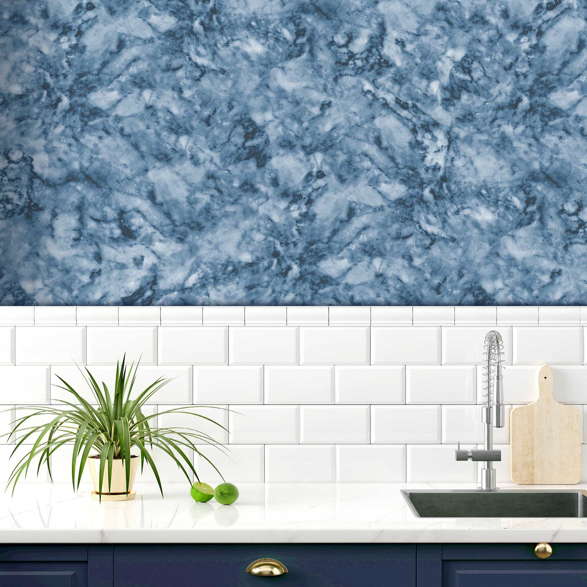 Faux Marble Effect Deep Dark Blue Wallpaper