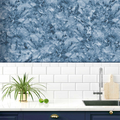 Faux Marble Effect Deep Dark Blue Wallpaper