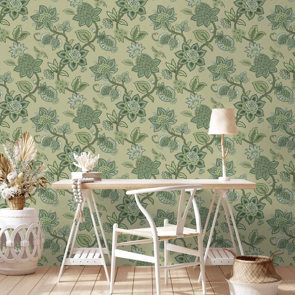 Doris Jacobean Green on Green wallpaper by Woodchip & Magnolia