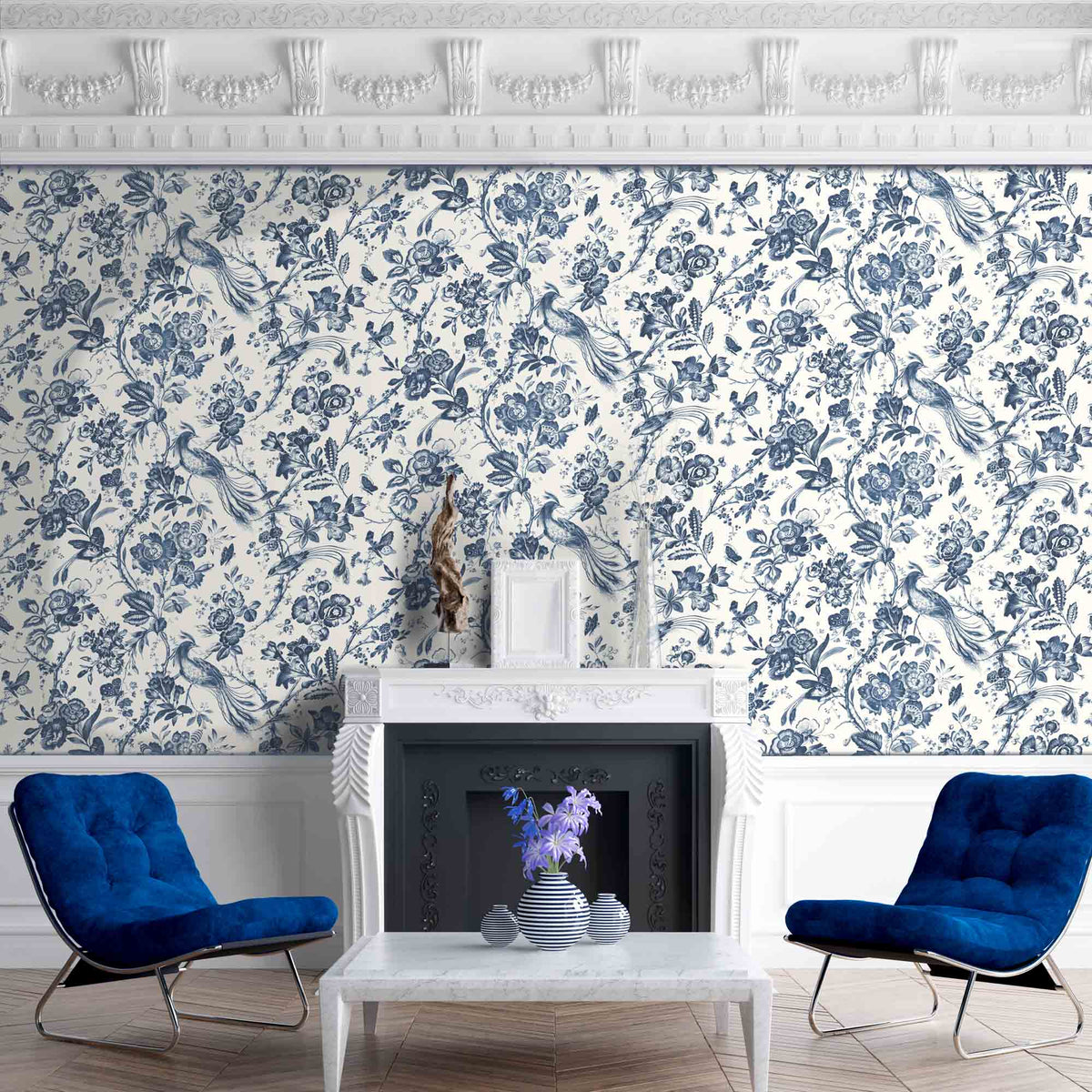 Plumage Porcelain Blue Botanical Bird Wallpaper By Woodchip & Magnolia